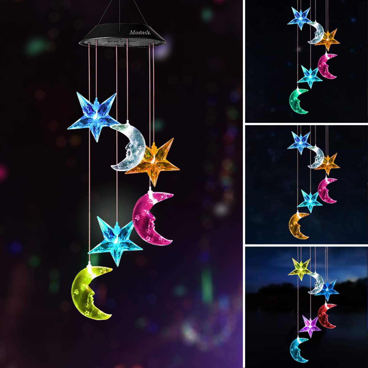 Color-Changing Three Moons and Three Stars Wind Chimes for Home,Bedroom,Party,Festival Decor with Spinning Hook Moons and Stars LED Solar Mobile Wind Chime Night Light