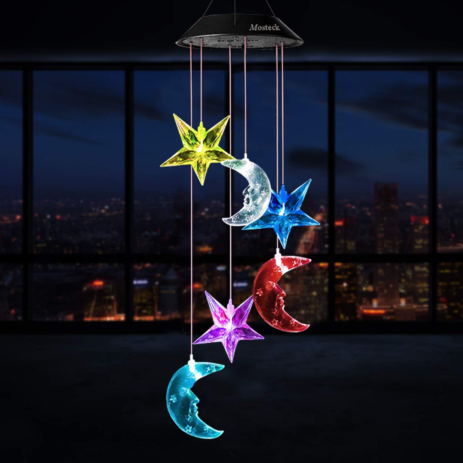 Color-Changing Three Moons and Three Stars Wind Chimes for Home,Bedroom,Party,Festival Decor with Spinning Hook Moons and Stars LED Solar Mobile Wind Chime Night Light